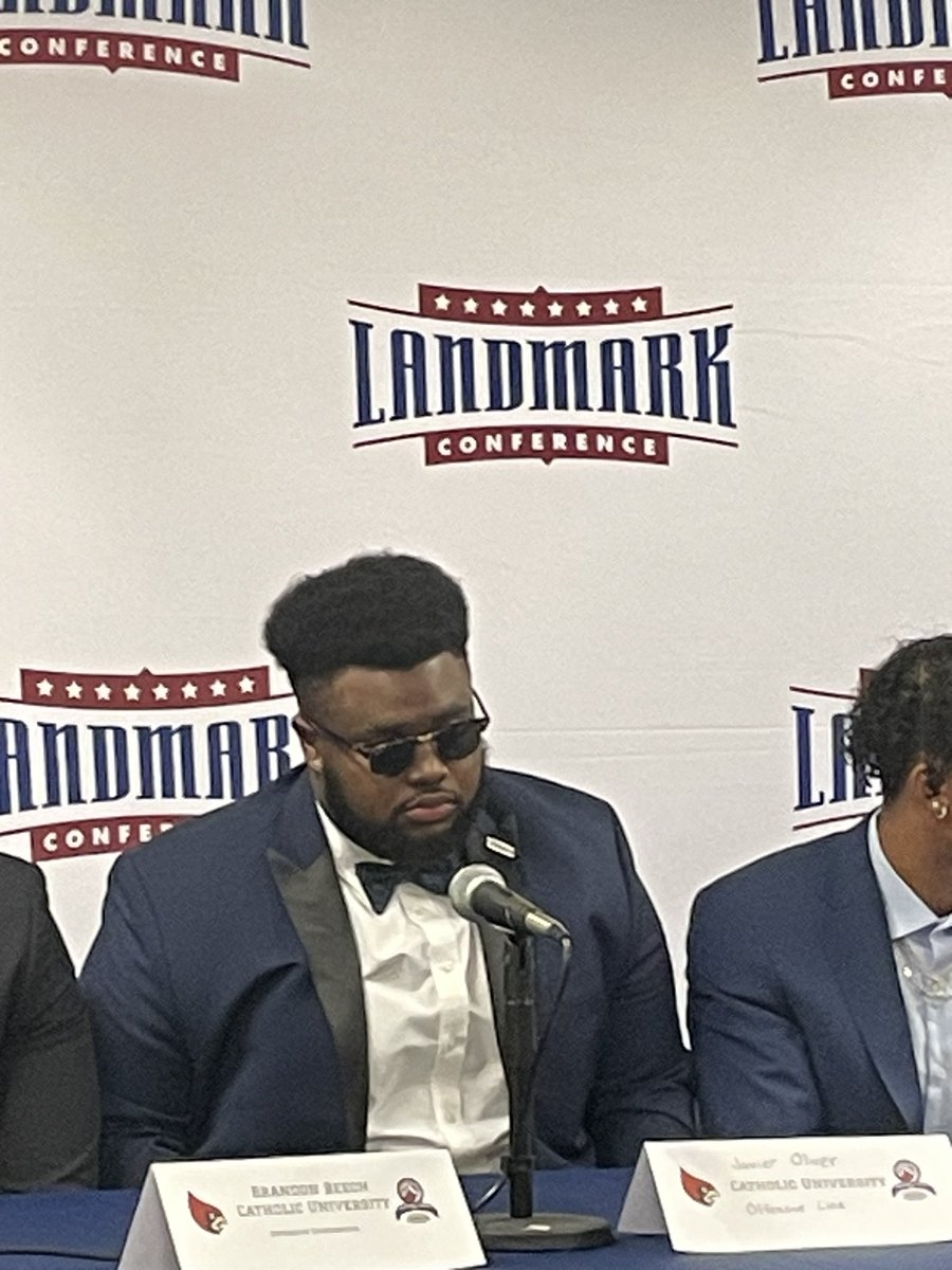 CatholicUAD's tweet photo. What an awesome day for the @LandmarkConf and @CatholicU_FB as we participated in the first ever Landmark Football media day. Our guys had a blast. Their drip was strong but their drawing needs some work, lol! Looking forward to camp starting in 6 days and game 1 is September 1! https://t.co/wPmi22PkZw