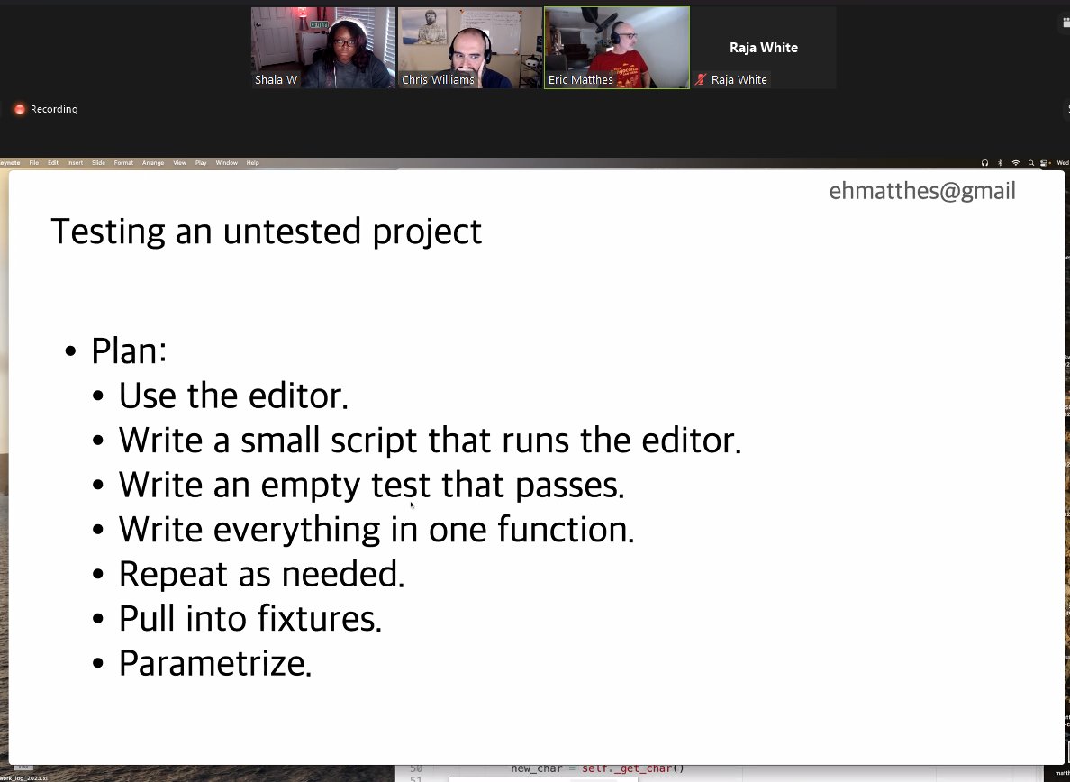 Ever feel lost on where to start with writing tests for a project that doesn't have tests? <a href="/ehmatthes/">Eric Matthes</a> breaks it down for us. #Python

Join the live stream: bit.ly/3VMeCD3