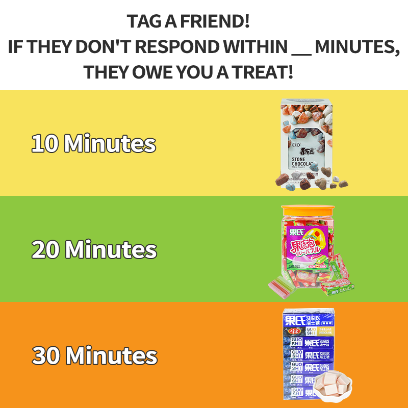 Tag a friend! If they don't respond within ___ minutes, they owe you a treat!

#candy #sweet #friend #assorted #game #treat #children #candyfactory