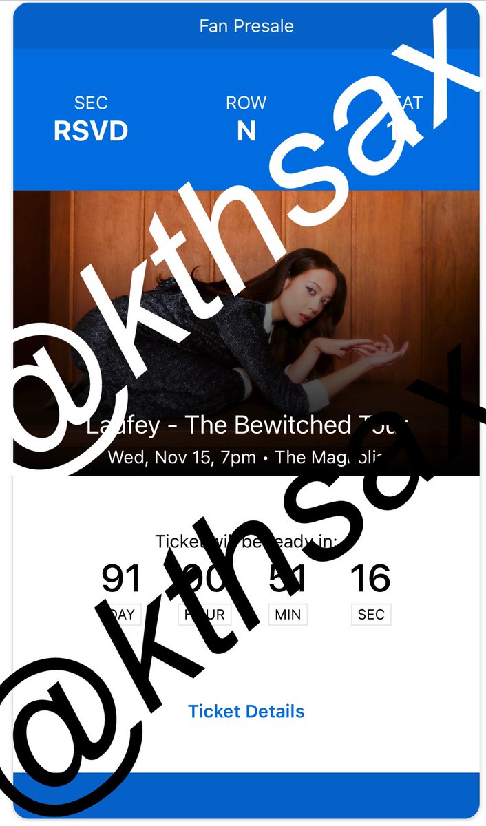 kthsax's tweet photo. wts / selling (or wtt / trading)

1 Laufey Bewitched Tour ticket for 11/15 at The Magnolia in San Diego 
- with VIP upgrade
- face value
- row N
- will be sitting with me! 

or would like to trade for 1 ticket to her LA Phil show (or LA your date) 😭😭

#laufey https://t.co/VAam6OJj94
