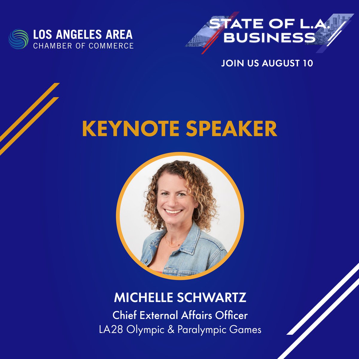 LAAreaChamber's tweet photo. Exciting things are coming to L.A.! Join us at #StateofLABusiness with Michelle Schwartz from LA28 for an informative keynote on the upcoming Olympic and Paralympic Games. The first 20 people to register with code 23SLA_50 will save 50%: https://t.co/EeGeOEJII8 https://t.co/9FCfUkpo6c