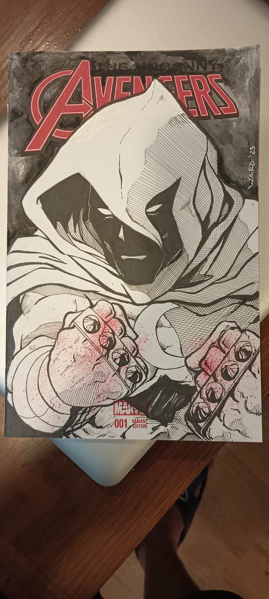 Moon Knight sketch cover on an Uncanny Avengers #1. Moon Knight was always a favorite of mine growing up and reading those Moench / @billsienkiewiczart issues. The recent and @jedcagemackay and @alessandro__cappuccio stuff had been really good.

Pencils, inks, watercolor