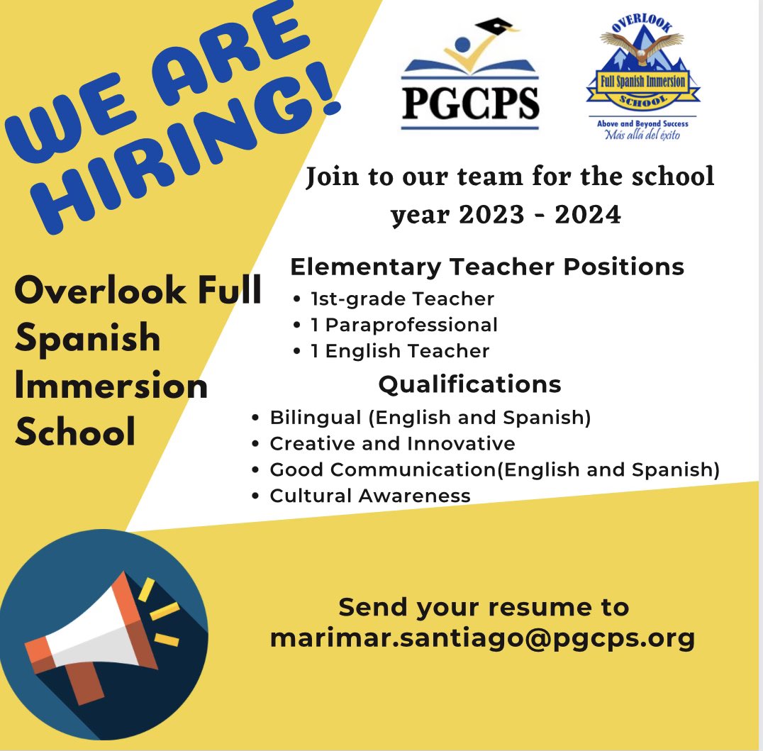 We are looking for three new additions to our <a href="/OverlookFullSp1/">@OverlookFullSpanish/PGCPS</a> staff. Please share this flyer within your network and encourage prospective applicants to reach out directly to Principal Santiago at Marimar Santiago via email: marimar.santiago@pgcps.org. THANK YOU!