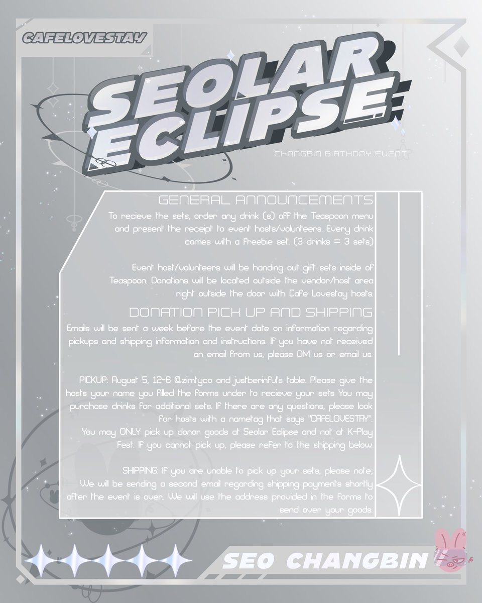 cafelovestay's tweet photo. Special Menu + Notices💫

Seo Changbin's exclusive picks on drinks💕

Jutdae
Seolar Eclipse
SamSEOng Galaxy

We are getting closer and closer to the event!! Check out our menu and our general notice as well and we will see you this weekend~

#SeolarEclipse https://t.co/m8C1FK8Unj