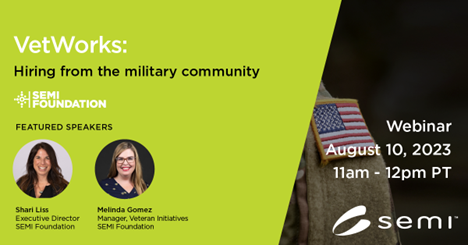 SEMIconex's tweet photo. Attemd this free @semifoundation #VetWorks #webinar, Thursday, Aug. 10, 11am to 12pm PT! Join to learn strategies for attracting, #hiring and retaining #military #talent.
Register today! ๐ https://t.co/sRl63a68nW
#veterans #workforce #careers #semiconductors https://t.co/4SzEIgPNpM