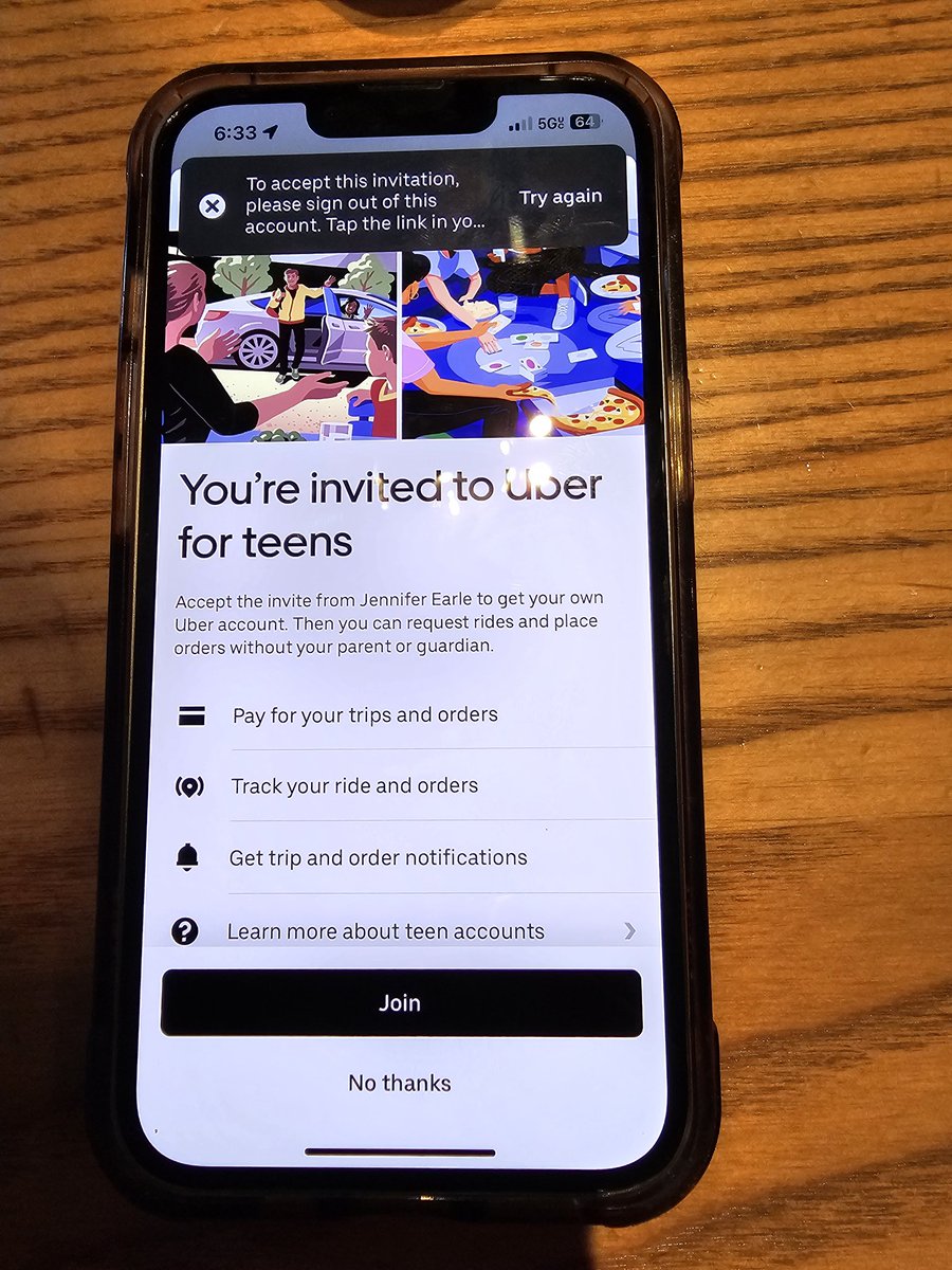 no_feer's tweet photo. @Uber_Support trying to add my teen to Uber family. We get a message on her phone to log out.
This doesn't work. We have tried updating all phones and apps uninstalling app and clicking link. Still doesn't work. Please help https://t.co/WiETsybE76