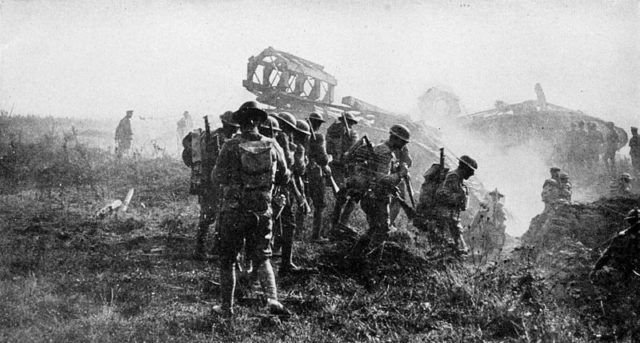 MilHistNow's tweet photo. On this day in 1918, Allied troops break through the German lines at Amiens. The attack marks the start of what will become known as the Hundred Days Offensive — the final push that brings an end to the First World War. https://t.co/7djFIpGmYQ
