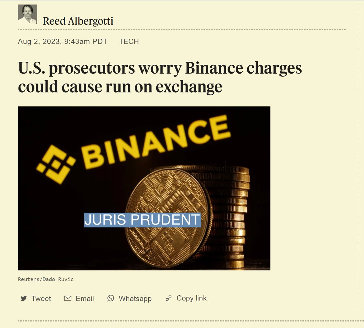 wizardofsoho's tweet photo. This article that broke today on the DOJ charges against binance 
lol it was written by SEMAFOR... guess who is one of the main owners of semafor.. ding ding ding. SAM BANKMAN FRIED... sigh https://t.co/XjGv28ruNb