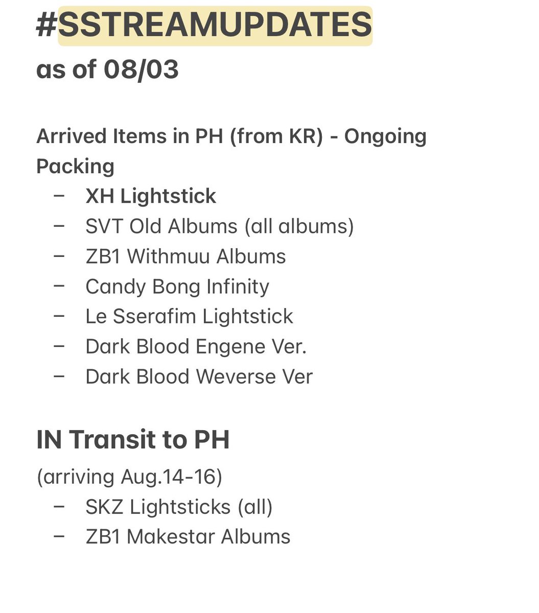 SeoulStream's tweet photo. #SStreamUpdates
✅Items For Shipping
✅In Transit
✅Arrived in KR/JP Address
✅Waiting for arrival in KR/JP Add
Status of Pending GOs as of August 3
➖If I missed out any updates, please send me a DM! https://t.co/OPUhTWbzay