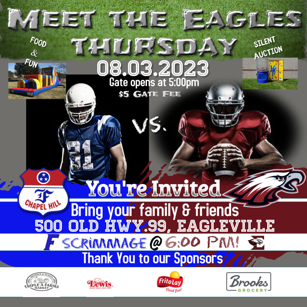 EaglevilleFB's tweet photo. 📢 Come out to meet ALL our fall athletes &amp; watch a scrimmage vs. Forrest. Kids activities &amp; Silent Auction. $5 admission fee includes a meal. #supportOUReagles https://t.co/GyEBDWQ8mH