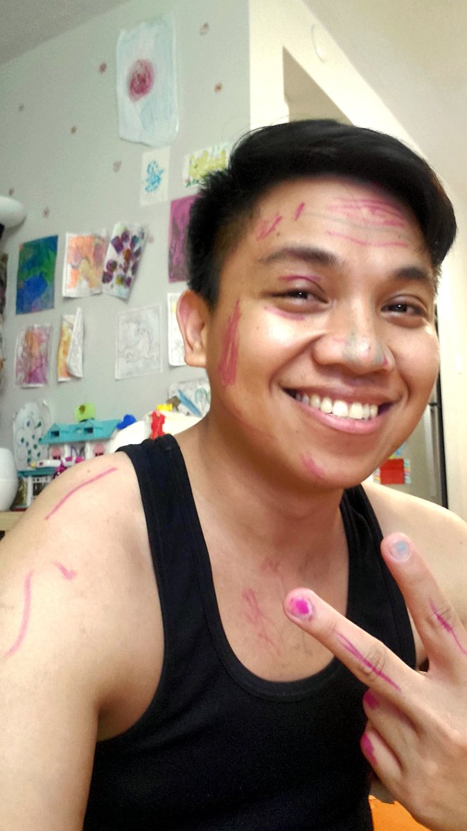 Syedush's tweet photo. I knew it was a mistake when I said "Yes" to my 3yo's question "Appa, do you want to be a superhero?" cos her next statement was "Good. Superheroes have paint on their legs and face". Anyone knows how to remove highlighter marks? Please. Help a dad out. https://t.co/KguZo60qkE