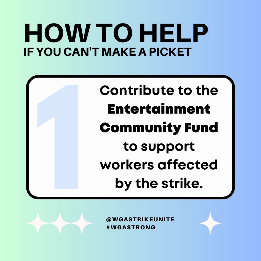 wgastrikeunite's tweet photo. Want to support @WGAEast @WGAWest &amp; @sagaftra striking workers &amp; @IATSE @Teamsters &amp; a variety of other entertainment workers union &amp; non-union in need during this diffcult time, but not able to join us on the picket lines due to location, work, kids, health issues &amp; more? 1/3 https://t.co/hibGy6P2mU