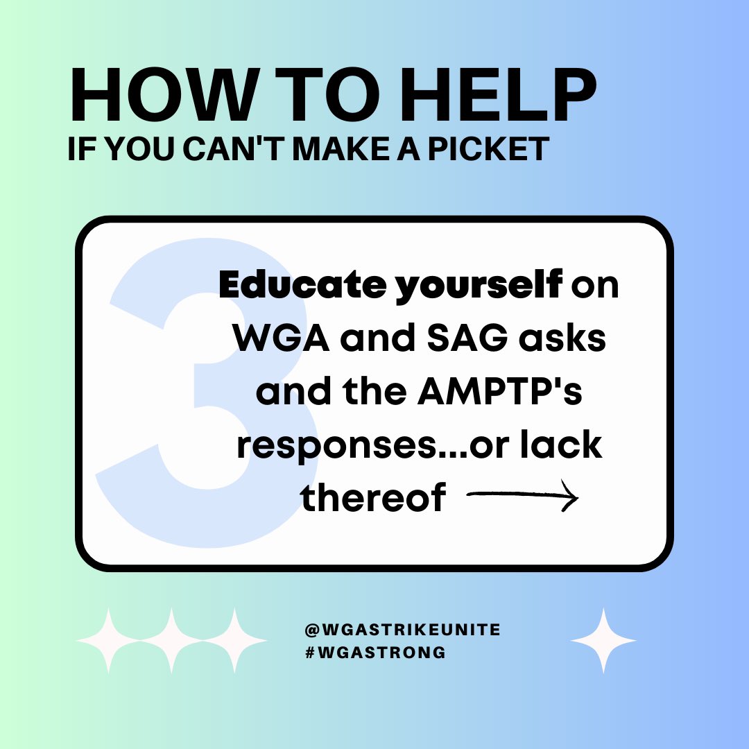 wgastrikeunite's tweet photo. Want to support @WGAEast @WGAWest &amp; @sagaftra striking workers &amp; @IATSE @Teamsters &amp; a variety of other entertainment workers union &amp; non-union in need during this diffcult time, but not able to join us on the picket lines due to location, work, kids, health issues &amp; more? 1/3 https://t.co/hibGy6P2mU