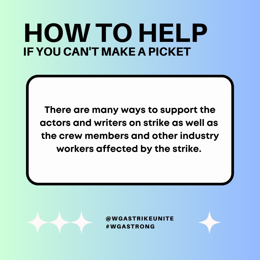 wgastrikeunite's tweet photo. Want to support @WGAEast @WGAWest &amp; @sagaftra striking workers &amp; @IATSE @Teamsters &amp; a variety of other entertainment workers union &amp; non-union in need during this diffcult time, but not able to join us on the picket lines due to location, work, kids, health issues &amp; more? 1/3 https://t.co/hibGy6P2mU