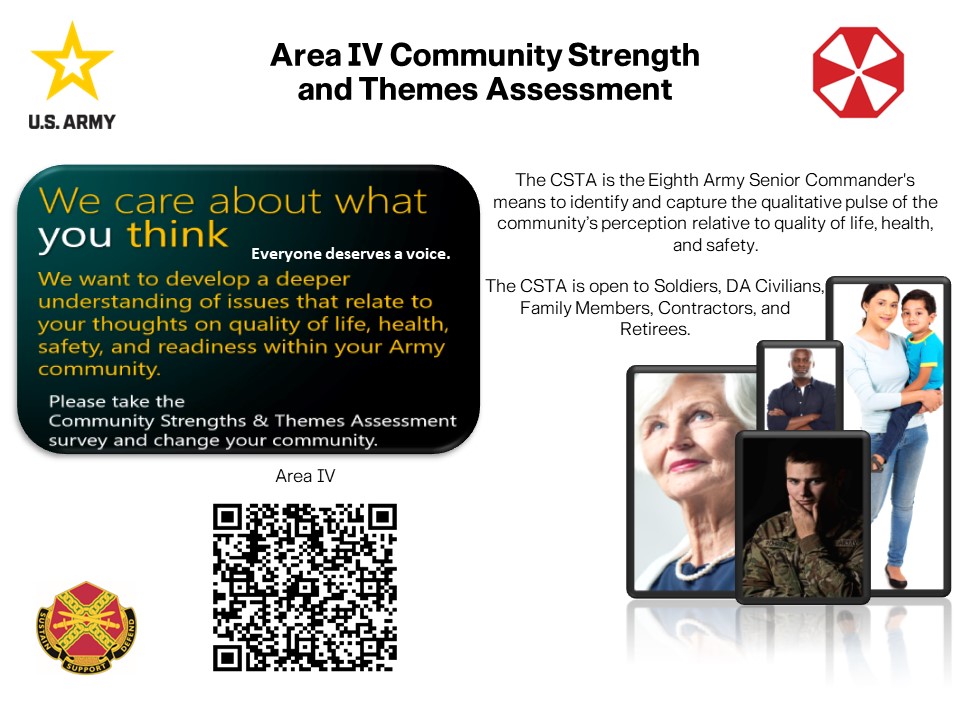 We care about what you think! Take the Community Strength and Themes Assessment survey to relay your thoughts on quality of life, health, safety, and readiness within your community. Area IV survey link: usaphcapps.amedd.army.mil/Survey/se/2511…, or via the QR code in the flyer.