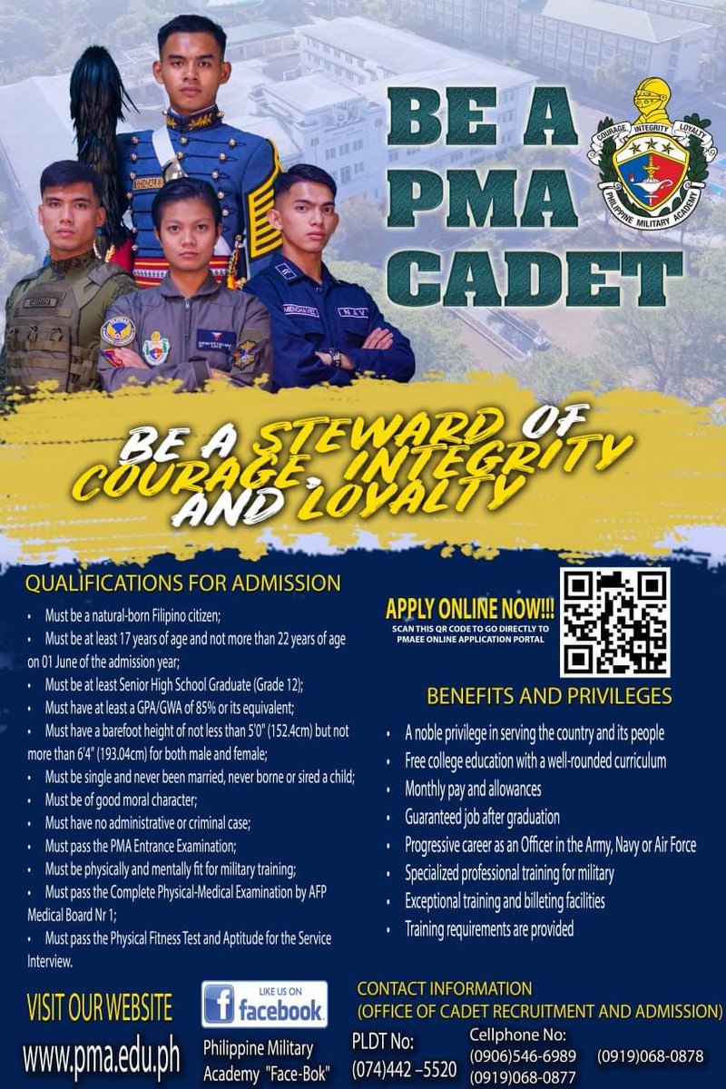 Philippine_Navy's tweet photo. GOOD NEWS | Online applications for the PMA Entrance Examination is extended to Aug 11, 2023
๐๐ธ: @PMA_CCAFP
Details โฌ๏ธ
https://t.co/k0nuwNTS9y
#TakethePMAChallenge
#BeAPMACadet
#ProtectingtheSeasSecuringOurFuture
#ModernandMultiCapablePHNavy
#AFPyoucanTRUST https://t.co/Ne5Z2vxRDG