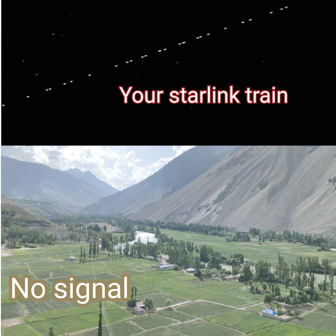 Fidaalishah's tweet photo. Dear Elon Musk! We can see your Starlink train in our sky. it's beautiful please make it useful for this valley 🙏
@ElonMuskAOC @elonmusk https://t.co/UKPKBExymn