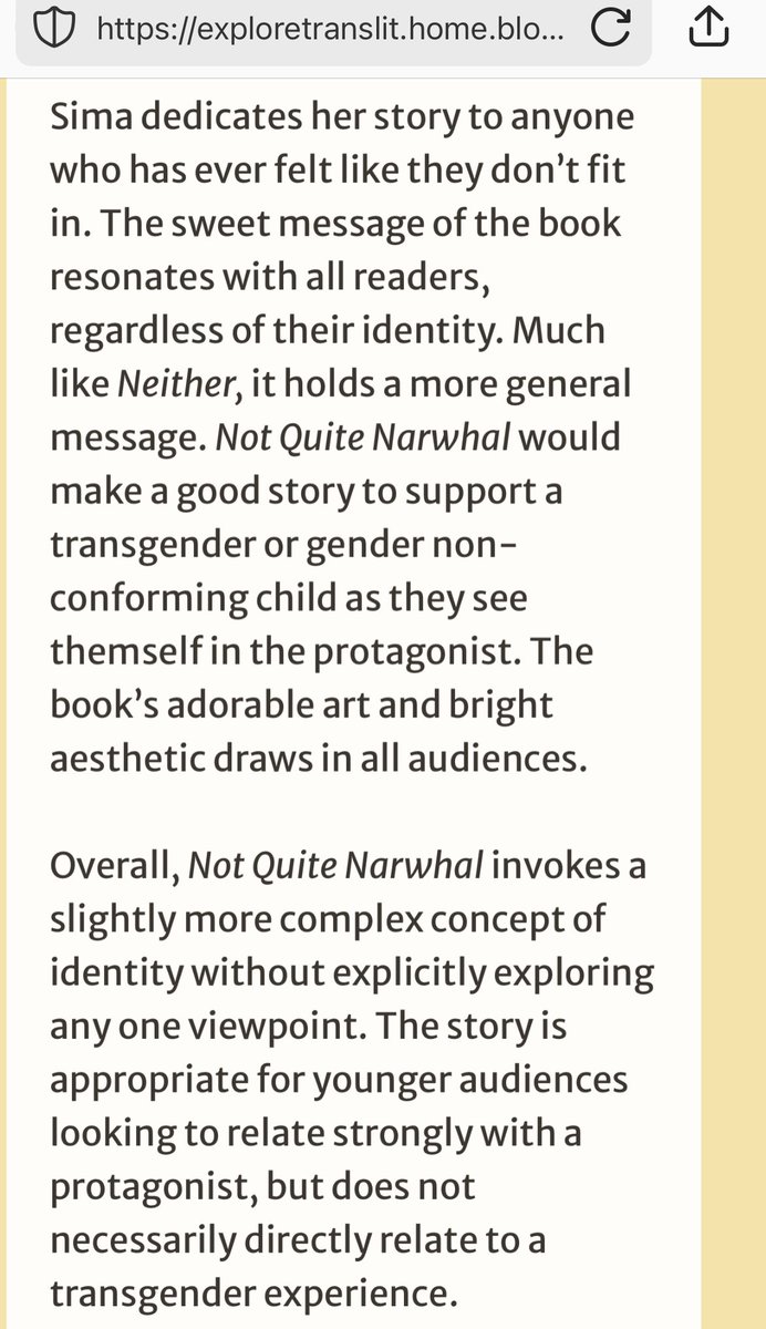 Lost_Recruiter's tweet photo. Think I'm just being an alarmist? Well, I'm not alone in recognizing this cartoon for what it truly is. On a blog titled 'Explore Trans Lit', 'Not Quite Narwhal' is praised for its "gender inclusion" and it is listed as one of the many books on the Gender Diversity For Young Readers' list.