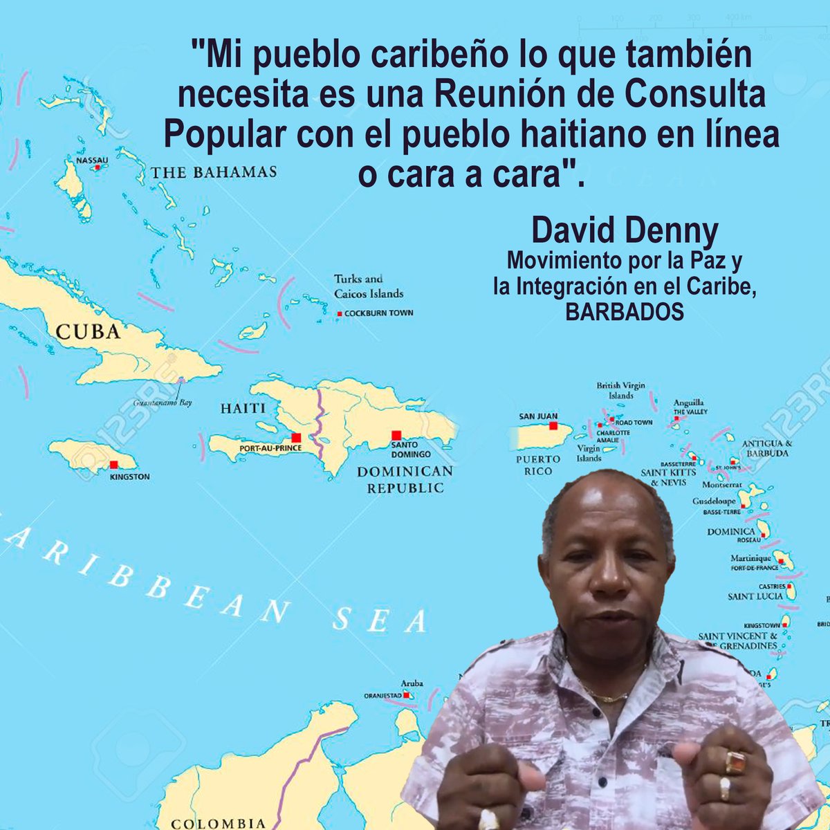 Como caribeños y defensores d Ntra región, deberíamos estar preparados para hacer este sacrificio y unirnos al pueblo haitiano para defenderlo d las Fuerzas Imperialistas y d una mayor explotación d sus recursos y d su gente". David Denny, Mov. por la Paz y la Integración en el C