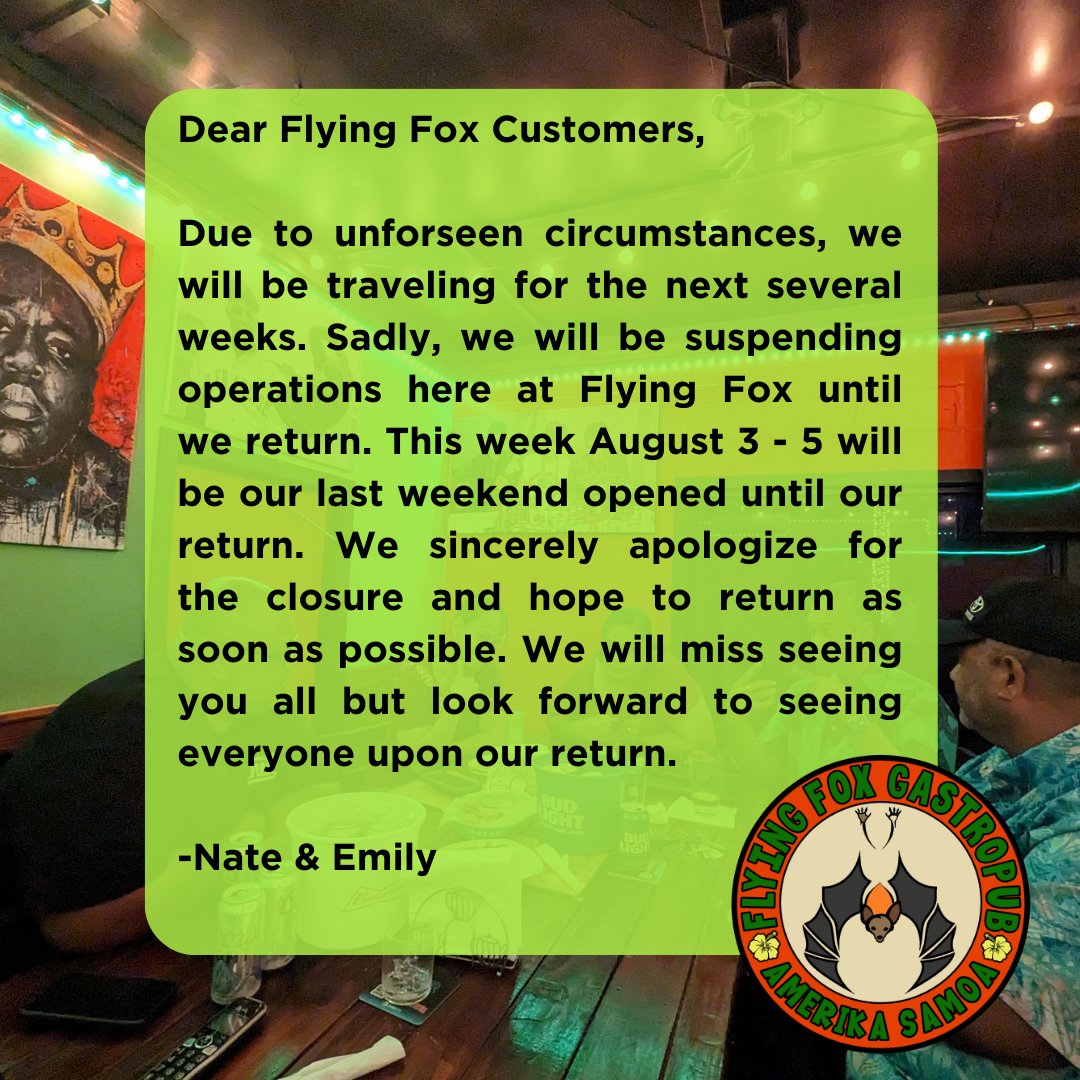 FlyingFoxBeerAS's tweet image. This weekend will be our last one for a while. Take advantage of this last weekend to enjoy Amerika Samoa's weekend spot or to order our food with the Talofa Eats app! We'll miss our team and all of you but hope to return as soon as possible. Weekends are still for Flying Fox!