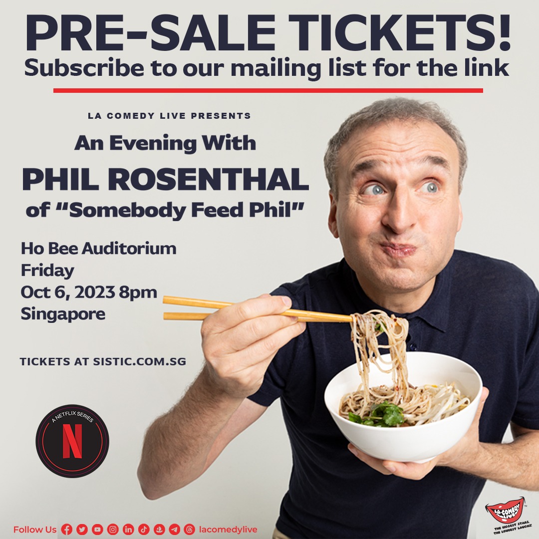 Pre-Sale tickets to “An Evening with Phil Rosenthal” live in Singapore and Hong Kong are up! Get exclusive access by subscribing to our mailing list: tinyurl.com/lacomedylive

#lacomedylive #foodies #singapore #sglifestyle