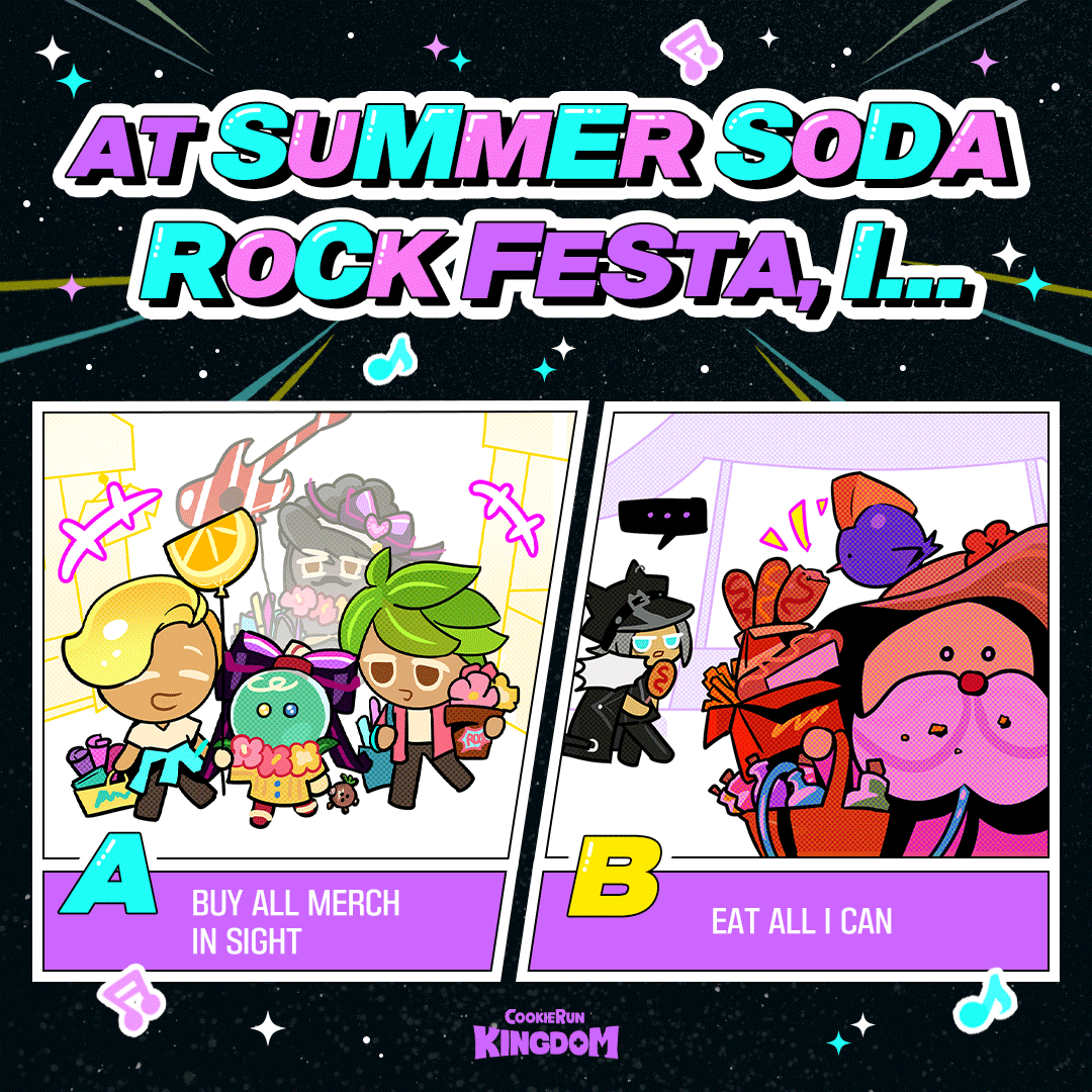 CRKingdomEN's tweet photo. 🎸🎶How do you spend your money at Rock Festa?💸

#CookieRun #CookieRunKingdom https://t.co/KDRLQ7xeNN