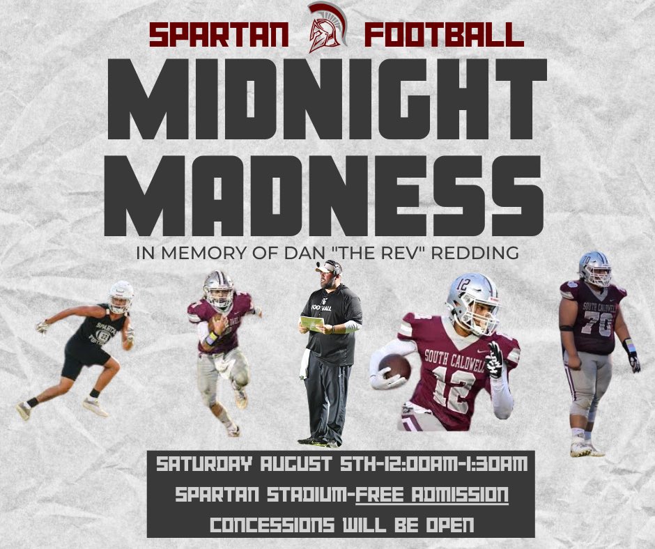 SouthCaldwell_1's tweet photo. MIDNIGHT MADNESS

Come out Friday night/early Saturday to get your first glimpse of the 2023 Spartans. Admission is free and gates will open at 11PM on Friday night. First full contact practice will start at 12:00AM on Saturday 8/5! 

#BurntheBoats https://t.co/5cdqfQUy71