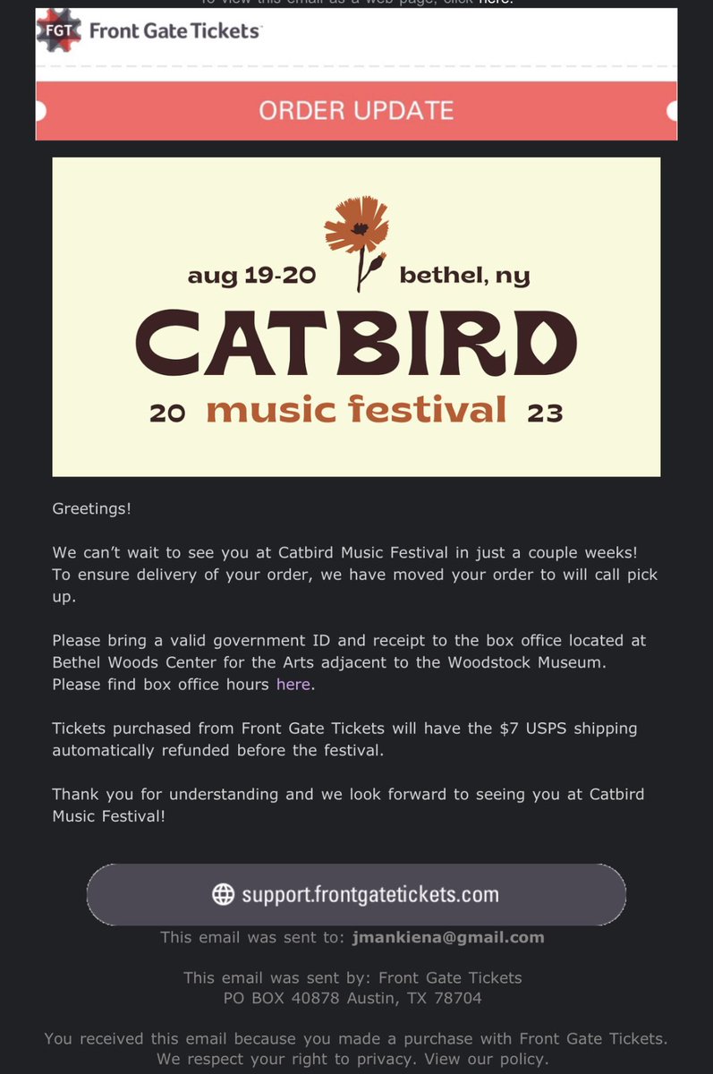 jmankiena's tweet photo. @catbirdfest What is this. How is the last chance for shipping Aug 4th? Yet you moved mine to willcall and I ordered weeks ago?  Are you just lying in this tweet? https://t.co/QEWeebNA5R