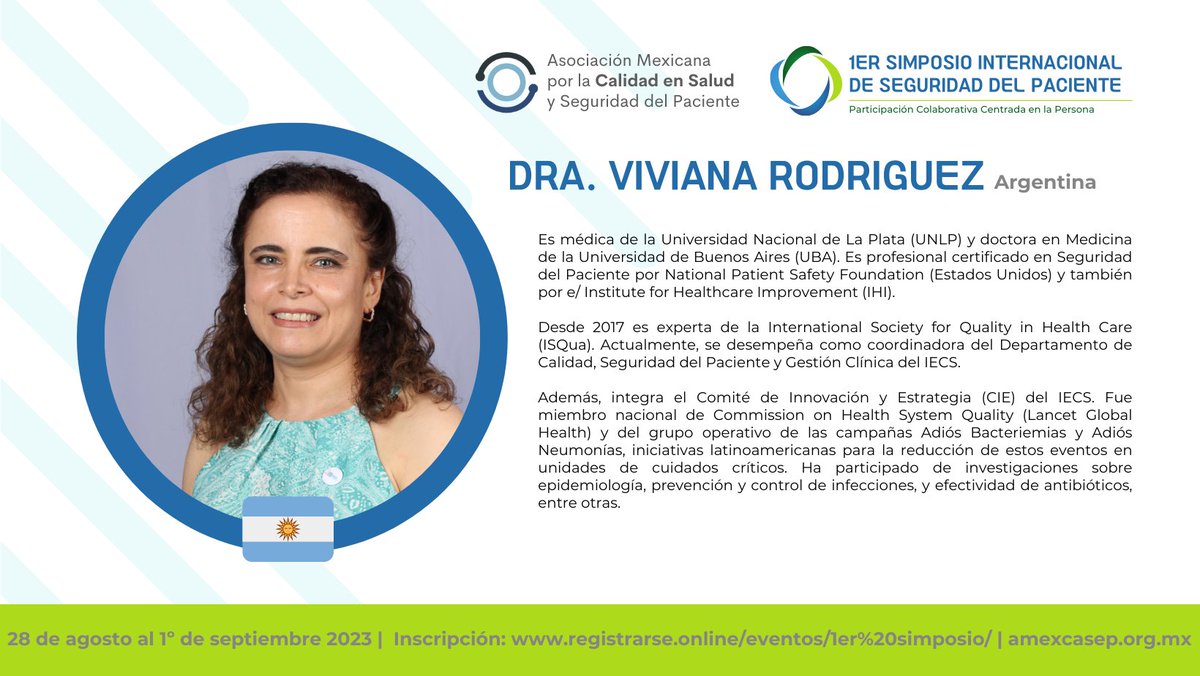 amexcasep's tweet photo. La Dra. Viviana Rodríguez @vr2102 será una de nuestras invitadas de honor al 1er. Simposio Internacional de Seguridad del Paciente y participará en el panel "Progresos y contribuciones en Latinoamérica"
🌐 Registro: https://t.co/cH36LK7Htu https://t.co/jetdfb9l1w