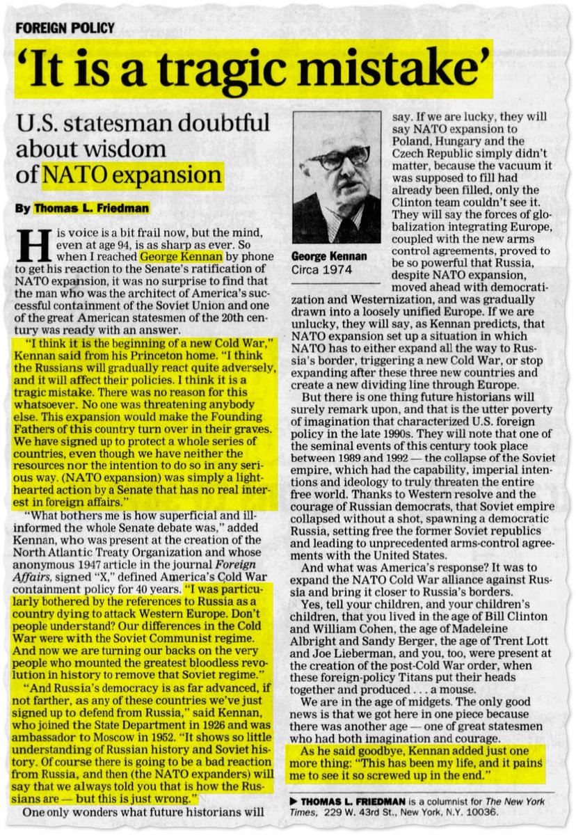 KanekoaTheGreat's tweet image. Thomas Friedman&apos;s 1998 George Kennan interview on NATO expansion:

&quot;I think it is the beginning of a new cold war. I think the Russians will gradually react quite adversely and it will affect their policies.

I think it is a tragic mistake. There was no reason for this…