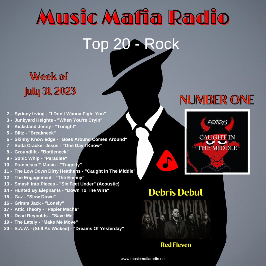 Congrats to this week's MMR Rock Top 20! Way to go @perdysofficial - 'CAUGHT IN THE MIDDLE' is our #1 Rock Song! Check out the #newsingle 'Destination Unknown' by tonight's #DebrisDebut #RedElevenBand! #OneFamilia #RockTop20 🤘🎶🔥