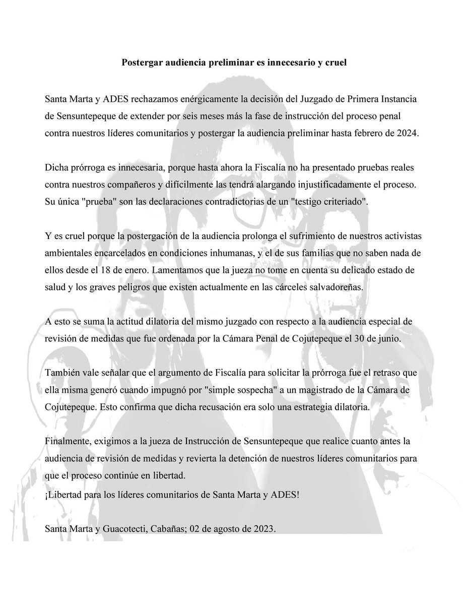 Rechazamos y condenamos enérgicamente la decisión del Juzgado de 1er Instancia de Sensunte de extender por 6 meses la fase de instrucción del proceso penal contra nuestros líderes y postergar arbitrariamente la audiencia preliminar hasta 2024. <a href="/FGR_SV/">Fiscalía General de la República El Salvador</a>  <a href="/FiscalGeneralSV/">Rodolfo Delgado</a>