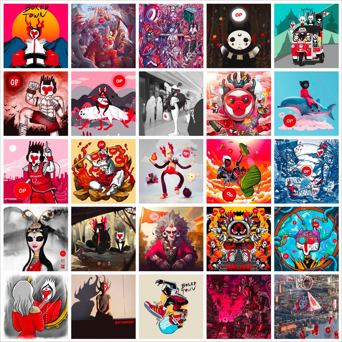 🔴GM Monsters and degens☀️

⚪️The Top 10 voting is ongoing for the Bored Town X @optimismFND art contest.

⚫️ Here are our current Top 25. All artists in the top 25 will also be providing a special 1/1 for our upcoming #NFT collection.