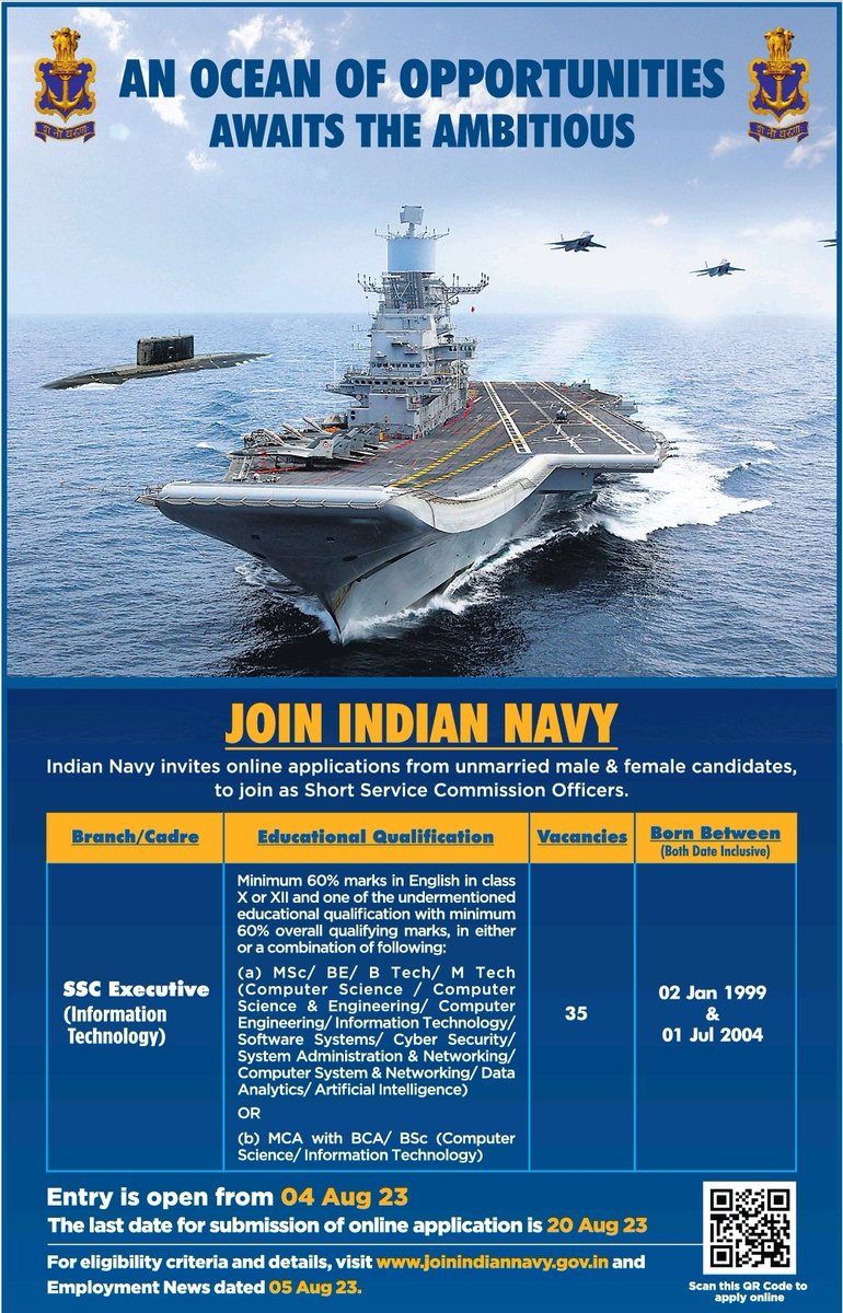 indiannavy's tweet photo. #JoinIndianNavy
As Short Service Commission Officers. Spl Naval Orientation Course commencing Jan 2024 at @IN_NavalAcademy

Unmarried men &amp; unmarried women candidates apply Online - #04Aug 23

Last date for submission #20Aug 23
⬇️
https://t.co/P6PM7Lfpr8
@Employ_News of #05Aug 23 https://t.co/Z0dnkCy6O9
