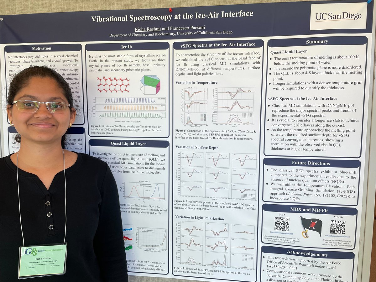 Exciting discussions at <a href="/GordonConf/">Gordon Research Conferences</a> as Richa shares our work on vibrational spectroscopy at the ice-air interface!  Stay tuned for more updates from the conference floor! #manybody #compchem #phdlife #GRC2023
