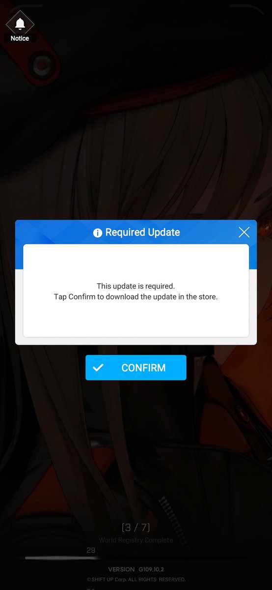WeirdPerson246's tweet photo. @NIKKE_en When I play the game it says  "the update is required" even though when I go to the play store it doesn't say I need to update my game? Is this part of the maintenance? https://t.co/tQnNH827HM