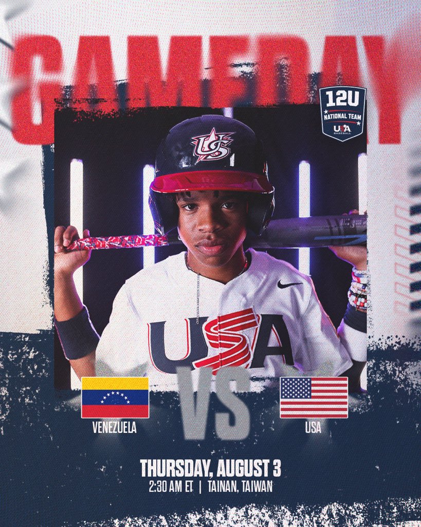 USABaseball12U's tweet photo. Kicking off the Super Round with a big one. #ForGlory🇺🇸

🆚: Venezuela
📍: Tainan, Taiwan
🏟️: Asia-Pacific Main Stadium
⏰: 2:30 P.M. local/2:30 A.M. ET
💻: https://t.co/y2WzgWO1Iu https://t.co/uHapVz7S5P