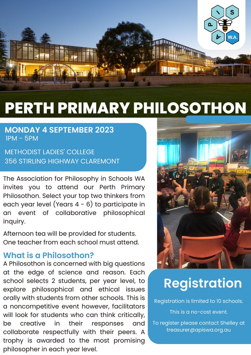 APISinc's tweet image. We are delighted to open up registrations for both the Perth Primary Philosothon and the South West Primary Philosothon. Please see the attached flyers for more information about how to get your school involved!