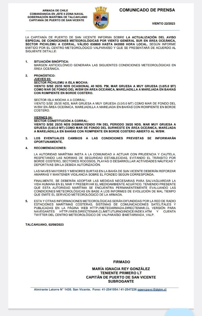 capuertovic's tweet photo. Informamos actualización sobre #Aviso especial de condiciones #meteorologicas por viento general sur en área oceánica emitido por @MetArmada_Valp. Detalles y recomendaciones de la #autoridadmaritima a continuación:
👇 https://t.co/8INLY0DdBC
