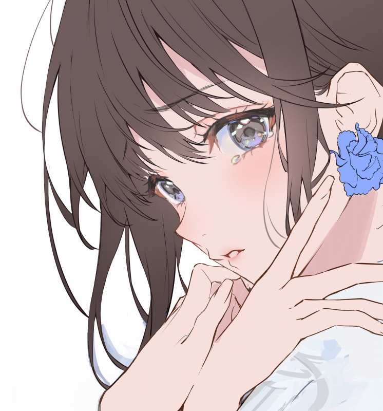 1girl solo brown hair white background blue flower earrings looking at viewer  illustration images