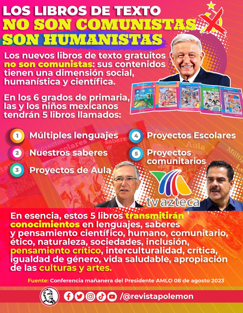 No te dejes engañar por TV Azteca, <a href="/Javier_Alatorre/">Javier Alatorre</a> y Salinas Pliego (<a href="/RicardoBSalinas/">Don Ricardo Salinas Pliego</a>), los libros de texto gratuitos no son comunistas, son humanistas 😎👊