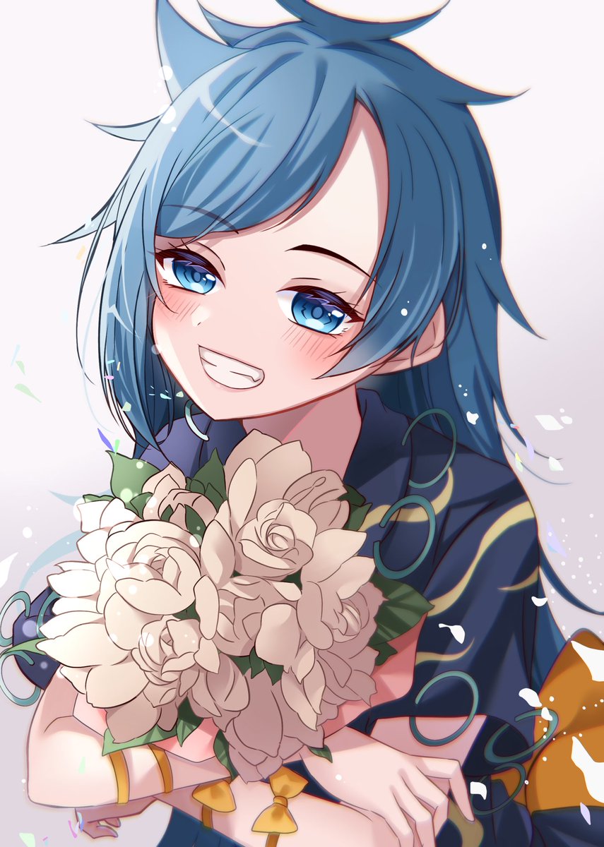 1girl shirt blue eyes smile solo flower blue hair  illustration images