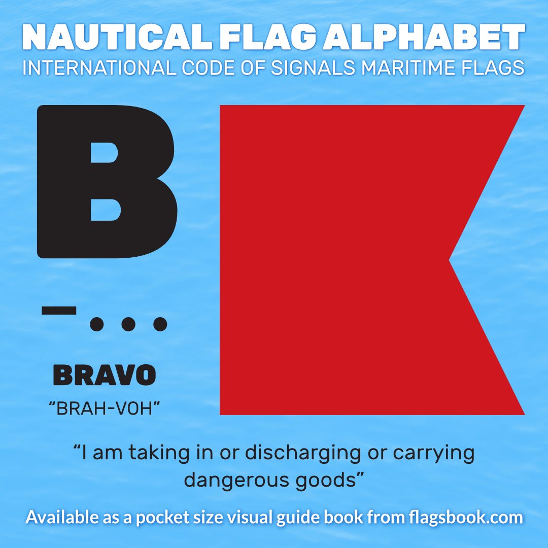 A-Z of International Code of Signals Flags

B
- …
BRAVO
“BRAH-VOH”
“I am taking in or discharging or carrying dangerous goods”

#Signalflags #deckcadet #shiplife #coolmariners #tugboat #superyacht #boatinglife #yachtclub #onthewater #yachtinglifestyle #harbour #sailorlife #sail