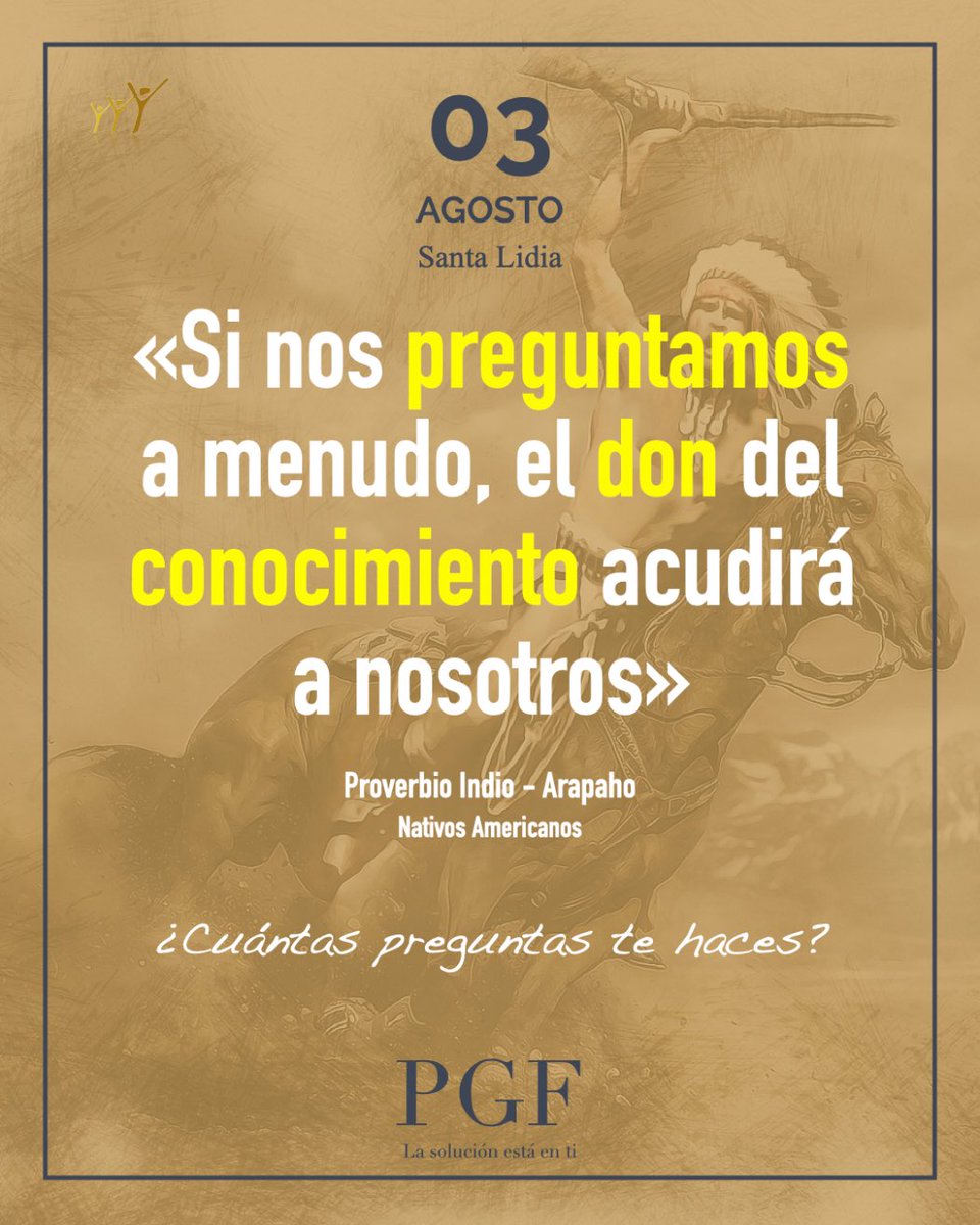PGFCoach's tweet photo. «Si nos preguntamos a menudo, el don del conocimiento acudirá a nosotros.»
Proverbio Indio Americano
¿Cuántas preguntas te hacer?
#EstadosUnidos #ProverbioIndioAmericano #Citadeldía #PabloGarcíaFortes #Preguntas #Preguntar #PreguntasPoderosas #Conocimiento #CrecimientoPersonal https://t.co/8lPY3cuHvN