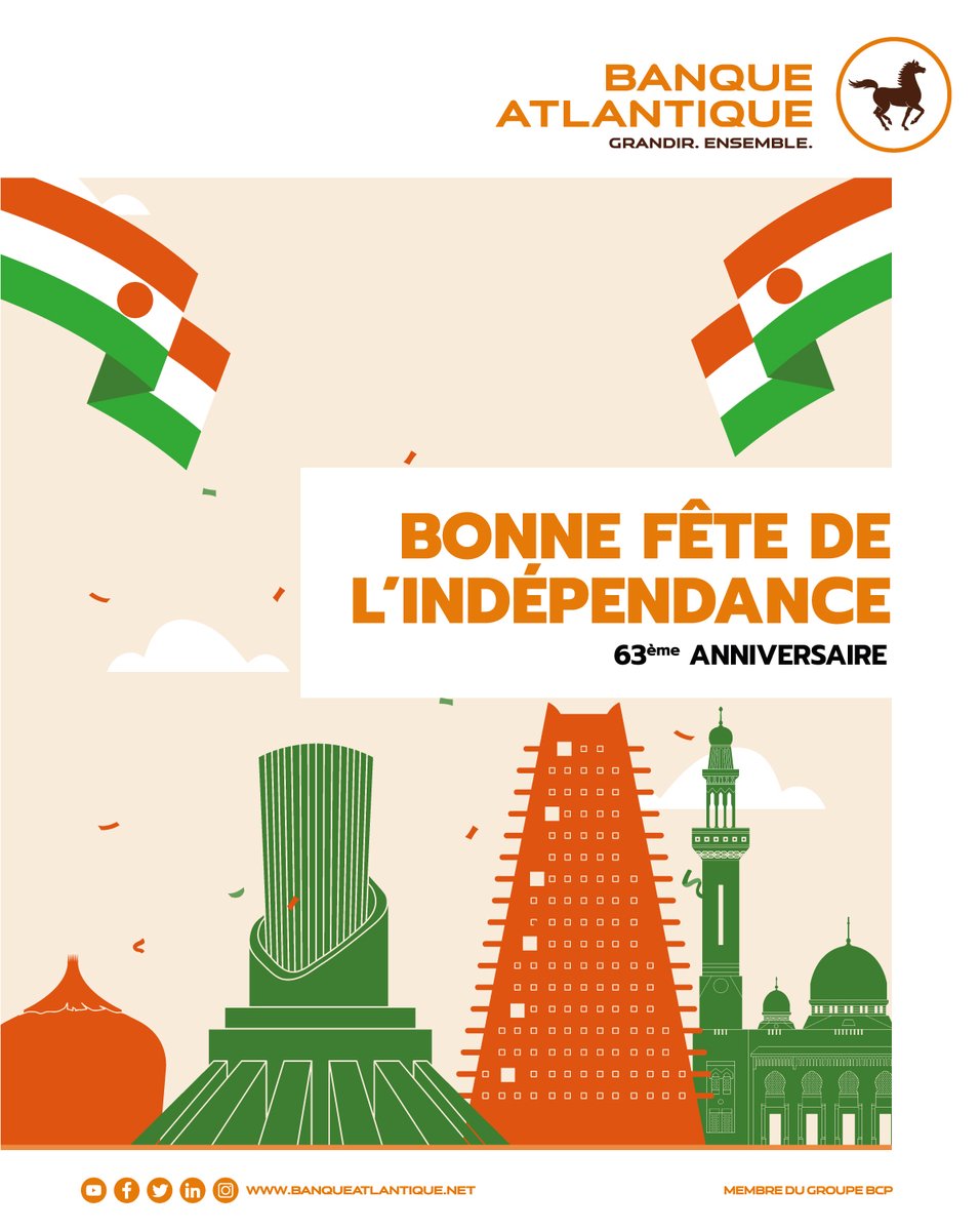 🇳🇪 [𝗙𝗘̂𝗧𝗘 𝗗𝗘 𝗟'𝗜𝗡𝗗𝗘́𝗣𝗘𝗡𝗗𝗔𝗡𝗖𝗘 #NIGER]
Banque Atlantique souhaite une joyeuse 🎉 fête de l'indépendance à tous les Nigériens !

#FêteDeLIndépendance #63ans #Nigeriens #BanqueAtlantiqueNiger #BanqueAtlantique #GrandirEnsemble