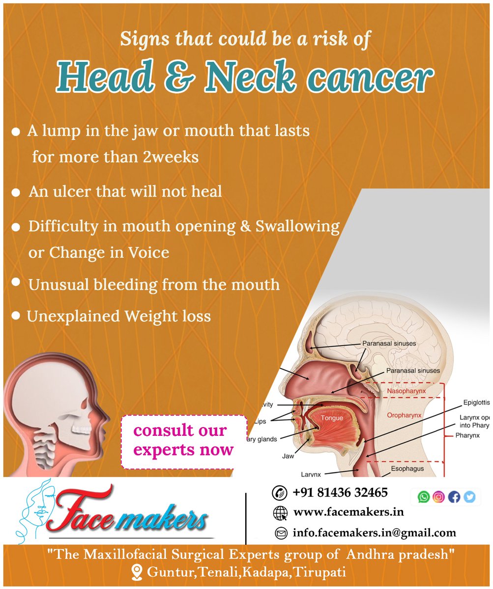 Signs  that could be a risk of Head & Neck Cancer
For appointment :+ 91 81436 32465
#head & neckcancer #facemakersteam #weightloss #NonHealingUlcers #Unusualbleeding #cancerawareness
#bestmaxillofacialsurgeon #bestcosmeticsurgeon #rhinoplasty