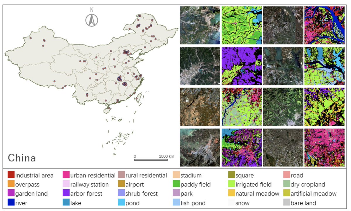 robmarkcole's tweet photo. Dataset discovery: The Five-Billion-Pixels semantic segmentation dataset contains more than 5 billion labeled pixels of 150 high-resolution Gaofen-2 (4 m) satellite images, annotated in a 24-category system covering artificial-constructed, agricultural, and natural classes.

In addition, the authors propose a deep-learning-based unsupervised domain adaptation approach that can transfer classification models trained on a labeled dataset to an unlabelled data for large-scale land cover mapping, and demonstrate this on PlanetScope (3 m), and Sentinel-2 (10m) imagery.

https://t.co/SQMFRER1wV