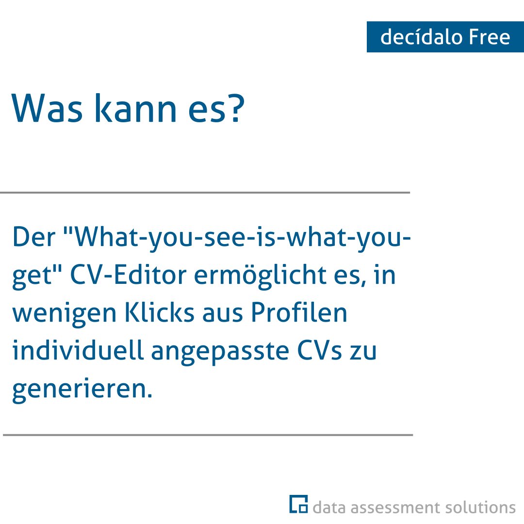 DataAssessment's tweet image. Für jede Angebotssituation vorbereitet: Mit dem CV-Designer sind individuelle CVs in Sekundenschnelle zusammengestellt. Jetzt kostenlos starten!
Hier können Sie sich direkt anmelden: registration.decidalo.app
#decídalofree #cvmanagement #skillsmanagement #consultingtool #consulting