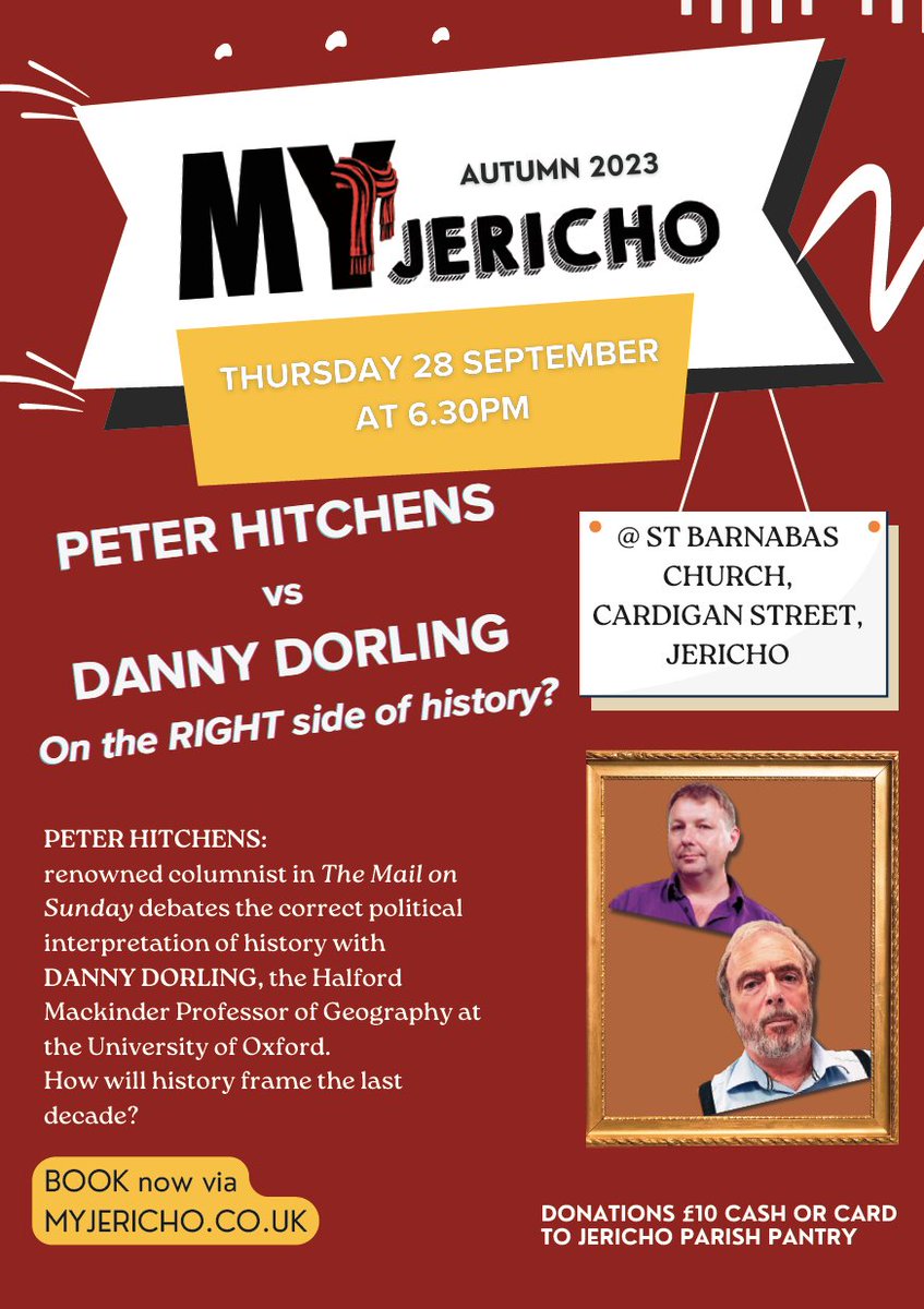dannydorling's tweet photo. Three 2023 "My Jericho talks". More details here: https://t.co/HZU1bsdNDi

Tues 19 Sept: Oxford Vice Chancellor Irene Tracey
Thurs 28 Sept: Peter Hitchens V Danny Dorling
Tues 10 Oct: Helen Salisbury and Karl Marlowe

And posters below.

Book tickets now to avoid disappointment. https://t.co/viXuNKwsRv