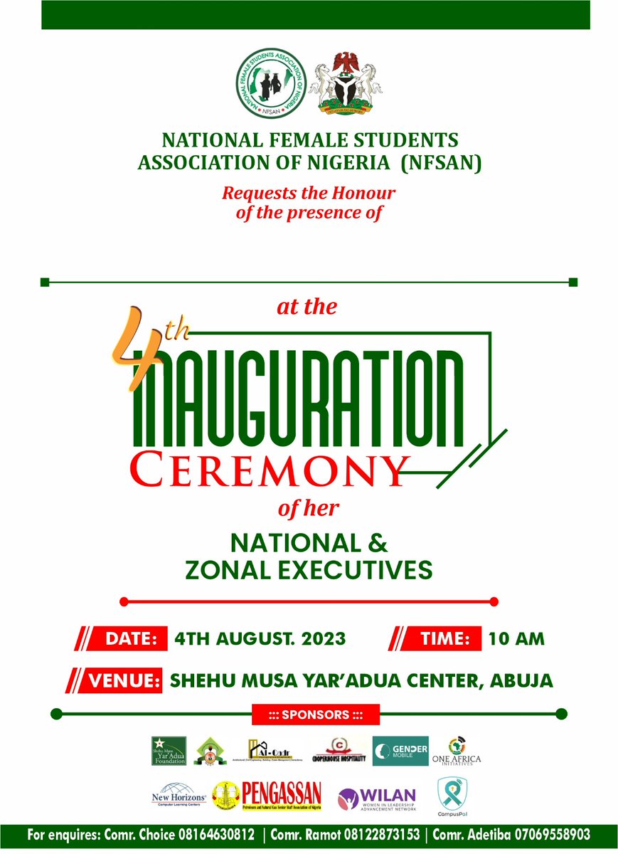 FemaleNational's tweet photo. You are invited to the 4th inauguration ceremony and Oath taking of the  National and 1st Pioneer Executives of the Nigerian Female Students to hold at Shehu Musa Yar'Adua Center, Abuja. 

Moving Towards a greater NFSAN!!!

Please Join US https://t.co/mNE9dkxX0x